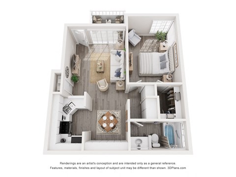 a 1 bedroom floor plan with virtually furnished rooms